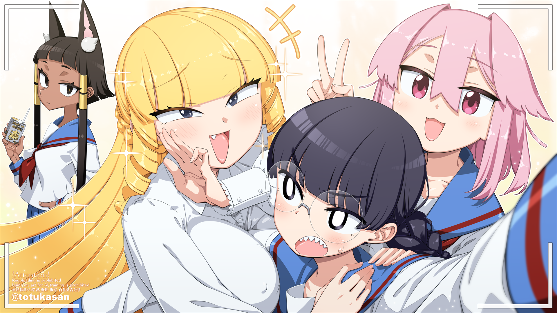 totukasan, furukawa tetoko, kaneda mochiko, shiraishi kuina, usui sachiko, mount celeb kaneda-san, highres, +++, 4girls, :3, blonde hair, blue sailor collar, blue skirt, blunt bangs, braid, breasts, bright pupils, brown hair, cat girl, collared shirt, covered erect nipples, dark-skinned female, dark skin, drill hair, drill sidelocks, drinking straw, expressionless, fang, furrowed brow, glasses, hair between eyes, hair tubes, half-closed eyes, hand on another's chest, hand on another's shoulder, hand to own mouth, hand up, holding juice box, juice box, large breasts, long hair, long sidelocks, long sleeves, looking at viewer, looking back, low twin braids, medium breasts, multiple girls, neckerchief, ojou-sama pose, open mouth, outstretched arm, pink eyes, pink hair, reaching, reaching towards viewer, red neckerchief, round eyewear, sailor collar, school uniform, selfie, serafuku, sharp teeth, shirt, short hair with long locks, sidelocks, skirt, smile, smug, sparkle, star (symbol), star in eye, symbol in eye, taking picture, teeth, twin braids, v, very long sidelocks, white pupils, white shirt