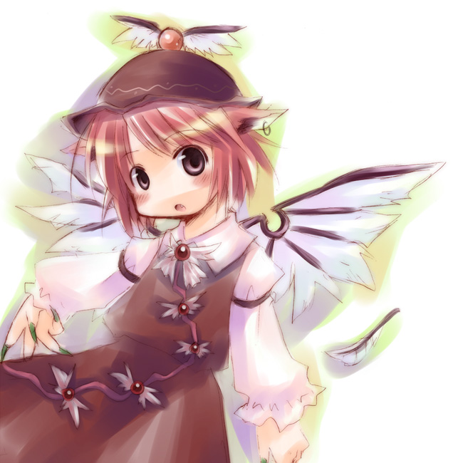 line miyako, mystia lorelei, touhou, 1girl, animal ears, earrings, fang, feathers, female focus, fingernails, hat, jewelry, long fingernails, no nose, purple eyes, red hair, short hair, solo, wings
