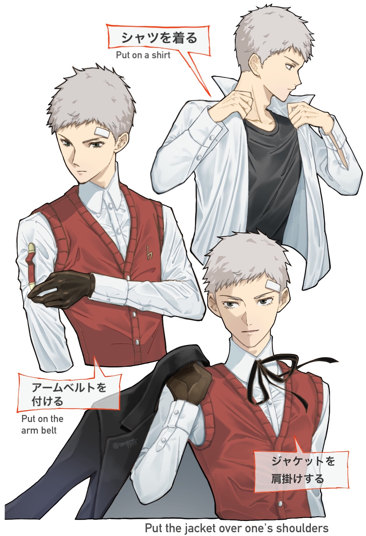 tamame 7777, sanada akihiko, persona, persona 3, commentary request, highres, 1boy, bandaid, bandaid on face, bandaid on forehead, black jacket, black ribbon, black shirt, brown gloves, closed mouth, collarbone, collared shirt, dressing, gloves, grey hair, holding, holding jacket, holding unworn clothes, jacket, long sleeves, male focus, mixed-language text, multiple views, neck ribbon, red sweater vest, ribbon, sequential, shirt, short hair, sweater vest, unworn jacket, upper body, white background, white shirt