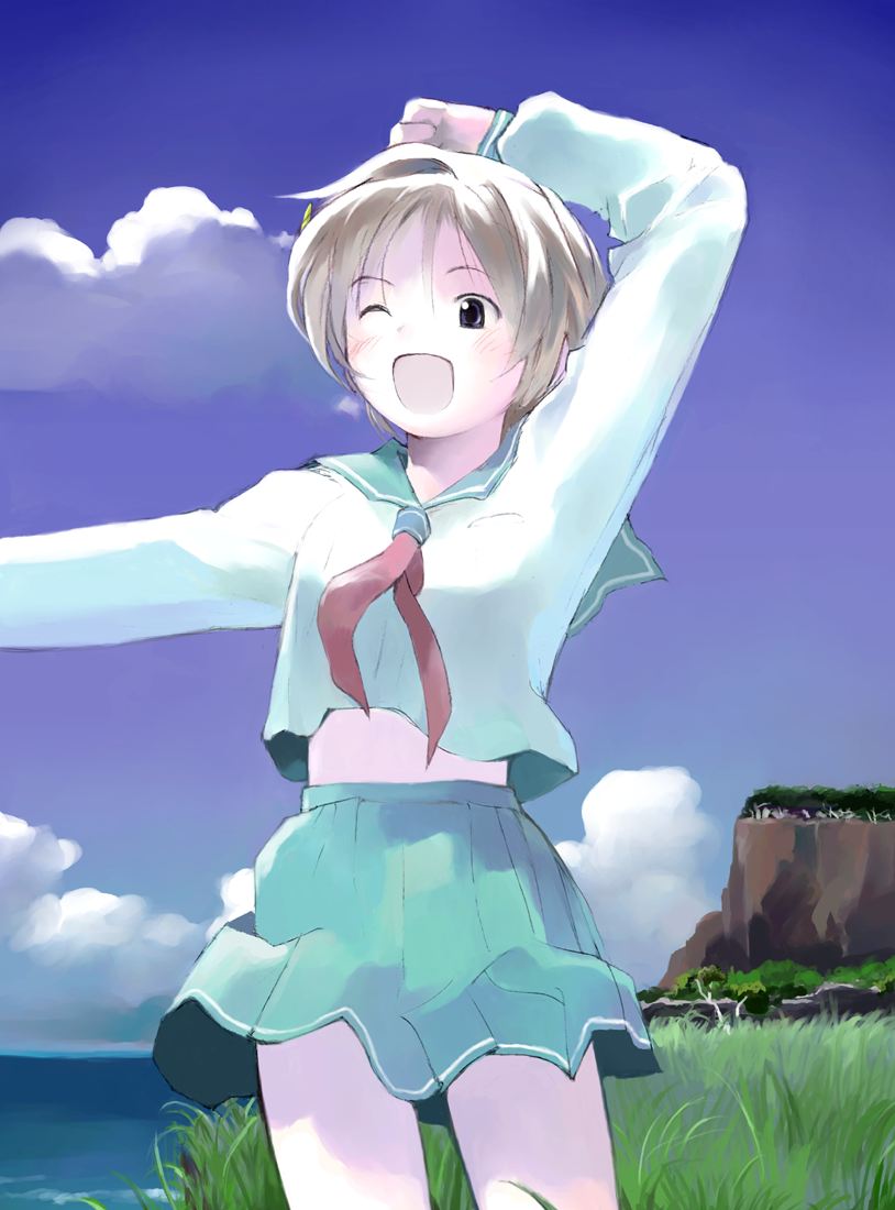 yoshizuki kumichi, looking away, 1girl, ;d, arm up, black eyes, blouse, blush, brown hair, clothes lift, cloud, cowboy shot, day, female focus, grass, legs apart, long sleeves, looking to the side, mountain, ocean, one eye closed, open mouth, outdoors, outstretched arm, plant, pleated skirt, red ribbon, ribbon, school uniform, serafuku, shirt, short hair, skirt, skirt lift, sky, smile, solo, stomach, tree, upskirt, white shirt, wind, wind lift