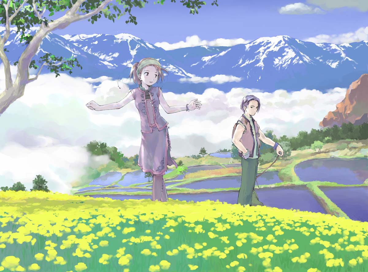 yoshizuki kumichi, 1boy, 1girl, cloud, day, meadow, mountain, pet walking