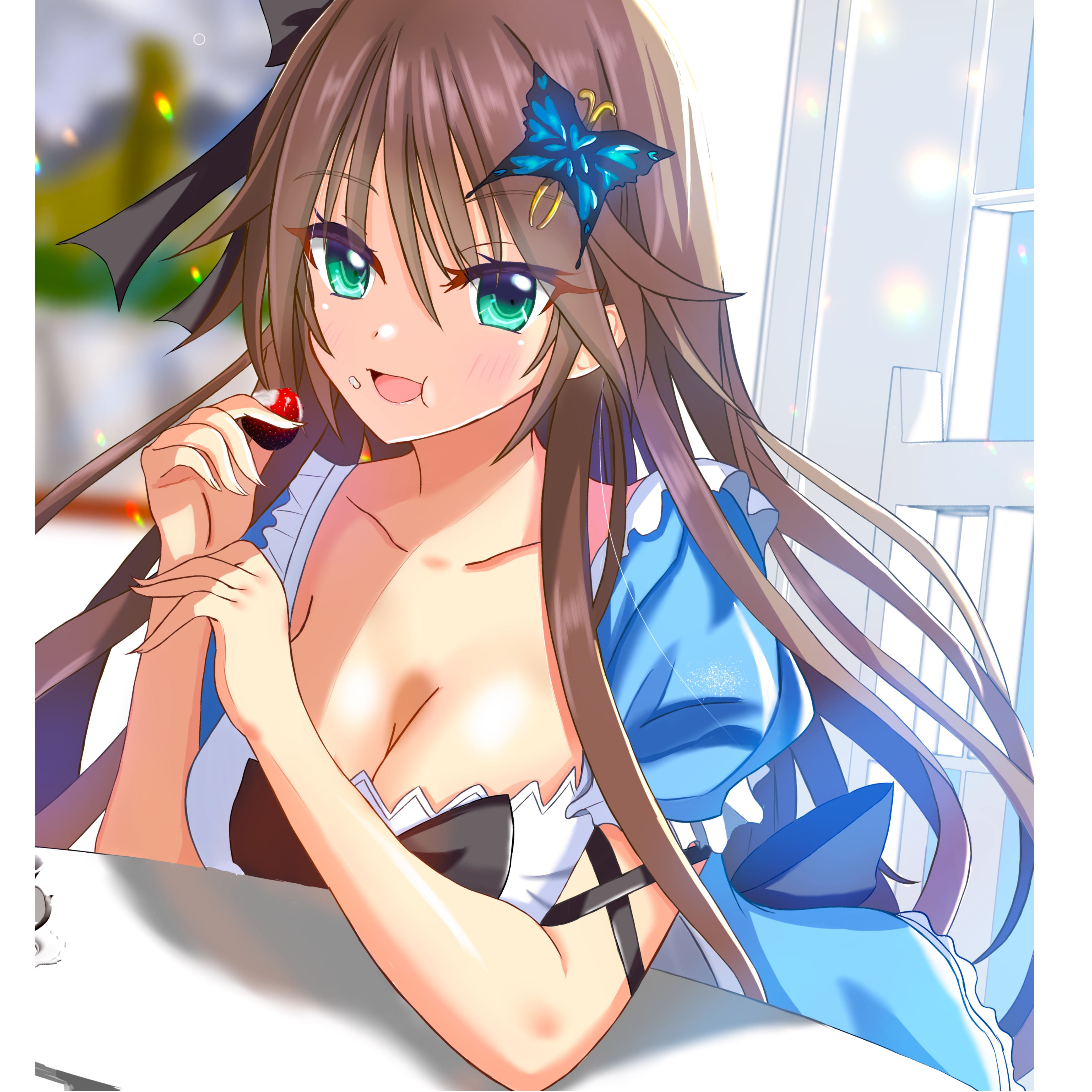 sakuratoru, toriumi arisu, hapymaher, absurdres, commentary request, highres, 1girl, 2023, :d, :t, apron, aqua eyes, arm ribbon, black bow, black ribbon, blue dress, blurry, blurry background, blush, bow, breasts, brown hair, butterfly hair ornament, cleavage, closed mouth, collarbone, cowboy shot, dated commentary, day, dress, dress bow, eating, elbow on table, eyelashes, eyes visible through hair, floating hair, food, food on face, frilled dress, frilled sleeves, frills, fruit, hair between eyes, hair ornament, hair ribbon, hands up, holding, holding food, holding fruit, indoors, large breasts, long hair, looking at viewer, open mouth, ribbon, sitting, smile, solo, strawberry, tsurime, very long hair, white apron