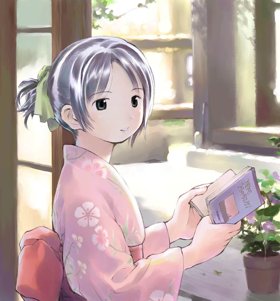 yoshizuki kumichi, tagme, green eyes, japanese clothes, kimono, reading, smile, solo