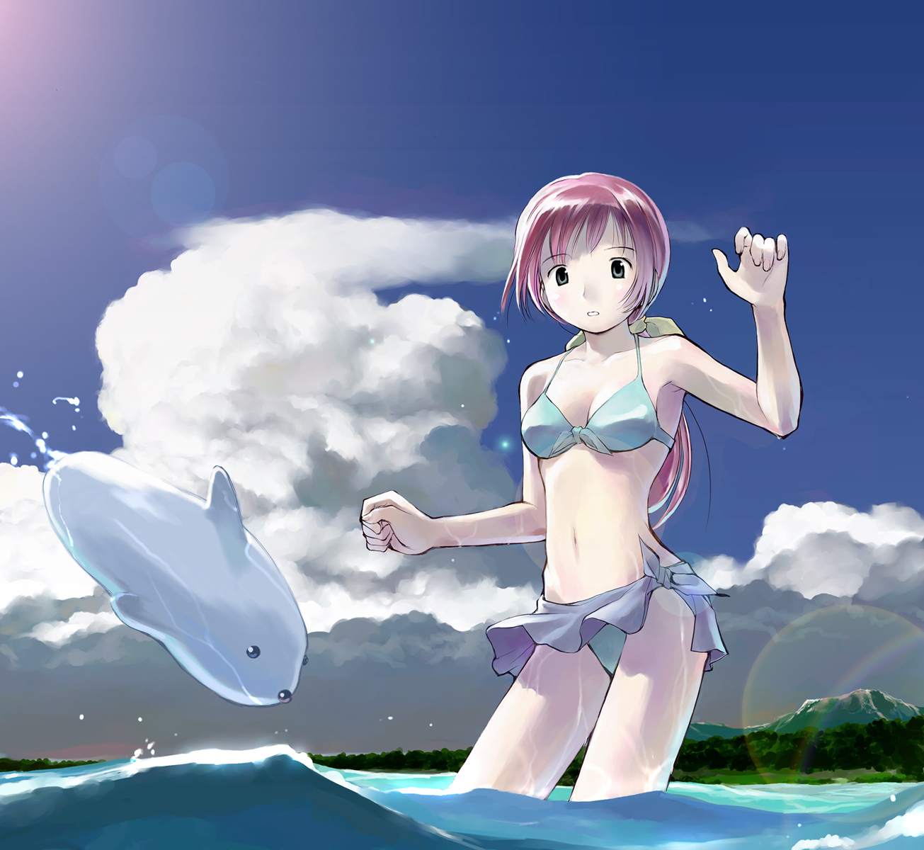 yoshizuki kumichi, highres, tagme, aqua bikini, bikini, day, ponytail, sarong, solo, swimsuit, water