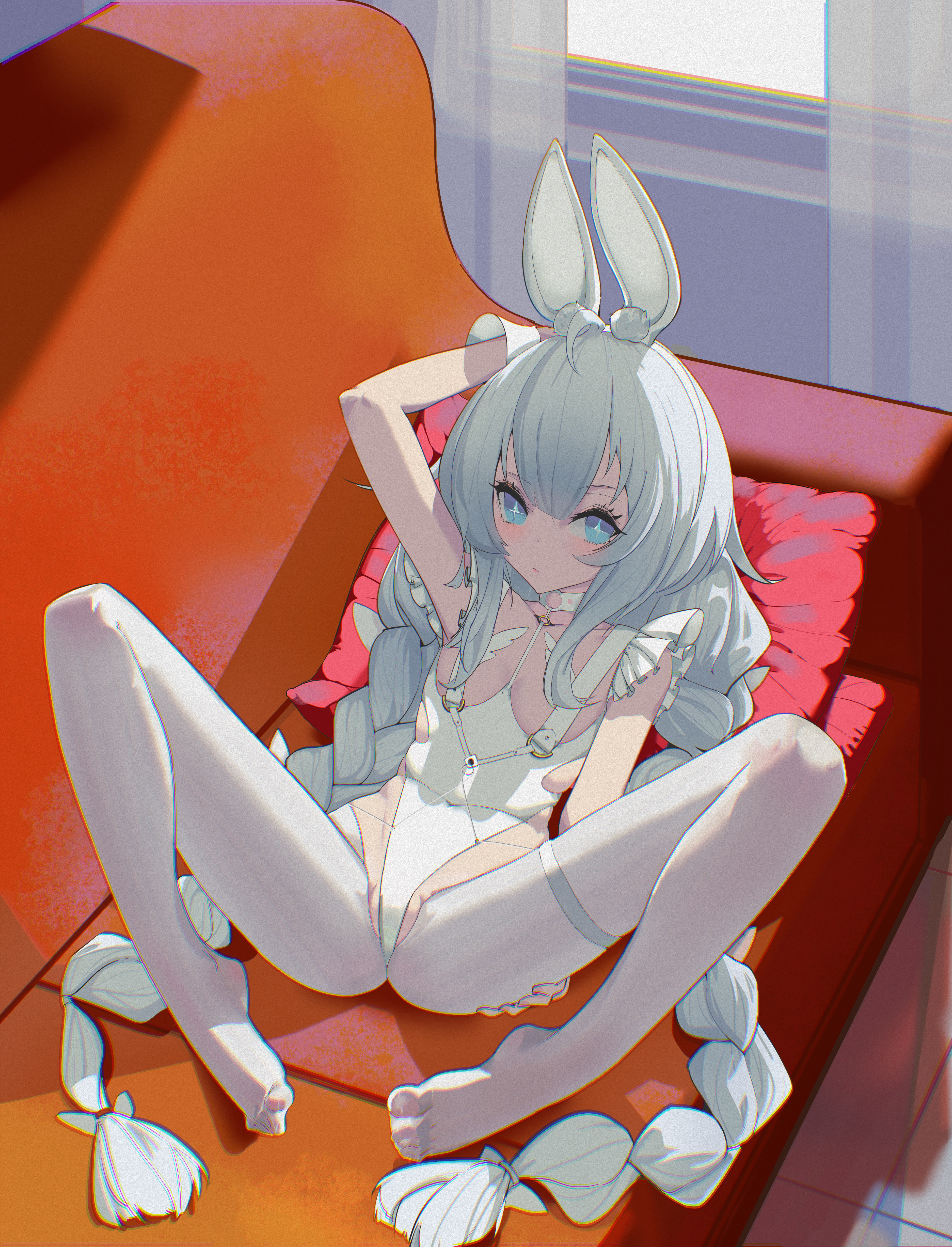 le malin (azur lane), le malin (listless lapin) (azur lane), azur lane, absurdres, highres, + +, 1girl, animal ears, blue eyes, blush, braid, breasts, chromatic aberration, fake animal ears, full body, leotard, long hair, looking at viewer, multicolored hair, official alternate costume, pantyhose, playboy bunny, ppop (2212538880), rabbit ears, small breasts, solo, spread legs, twin braids, very long hair, white hair, white leotard, white pantyhose, wrist cuffs