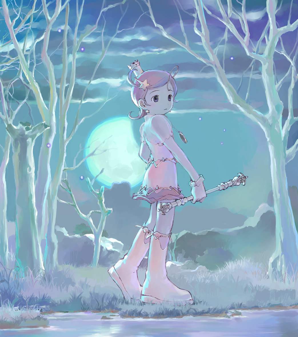 yoshizuki kumichi, comet (character), comet (comet-san), cosmic baton girl comet-san, 1girl, :<, ahoge, backlighting, bare tree, boots, closed mouth, cloud, crescent moon, crown, dress, earrings, female focus, fireflies, full body, gloves, grass, hair ornament, holding, holding wand, jewelry, knee boots, looking afar, looking to the side, magical girl, moon, moonlight, necktie, night, night sky, outdoors, pink dress, pink hair, plant, pond, purple eyes, shore, short dress, sky, solo, standing, star (symbol), star earrings, star hair ornament, swept bangs, tareme, tree, wand, water, white gloves, yellow boots