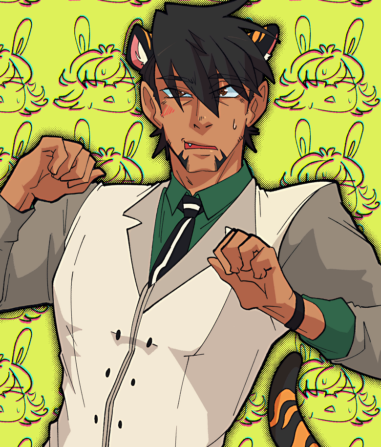 karina farek, barnaby brooks jr., kaburagi t. kotetsu, tiger & bunny, 1boy, animal ears, blush, dark-skinned male, dark skin, facial hair, male focus, necktie, solo, tiger boy, tiger ears, yellow background