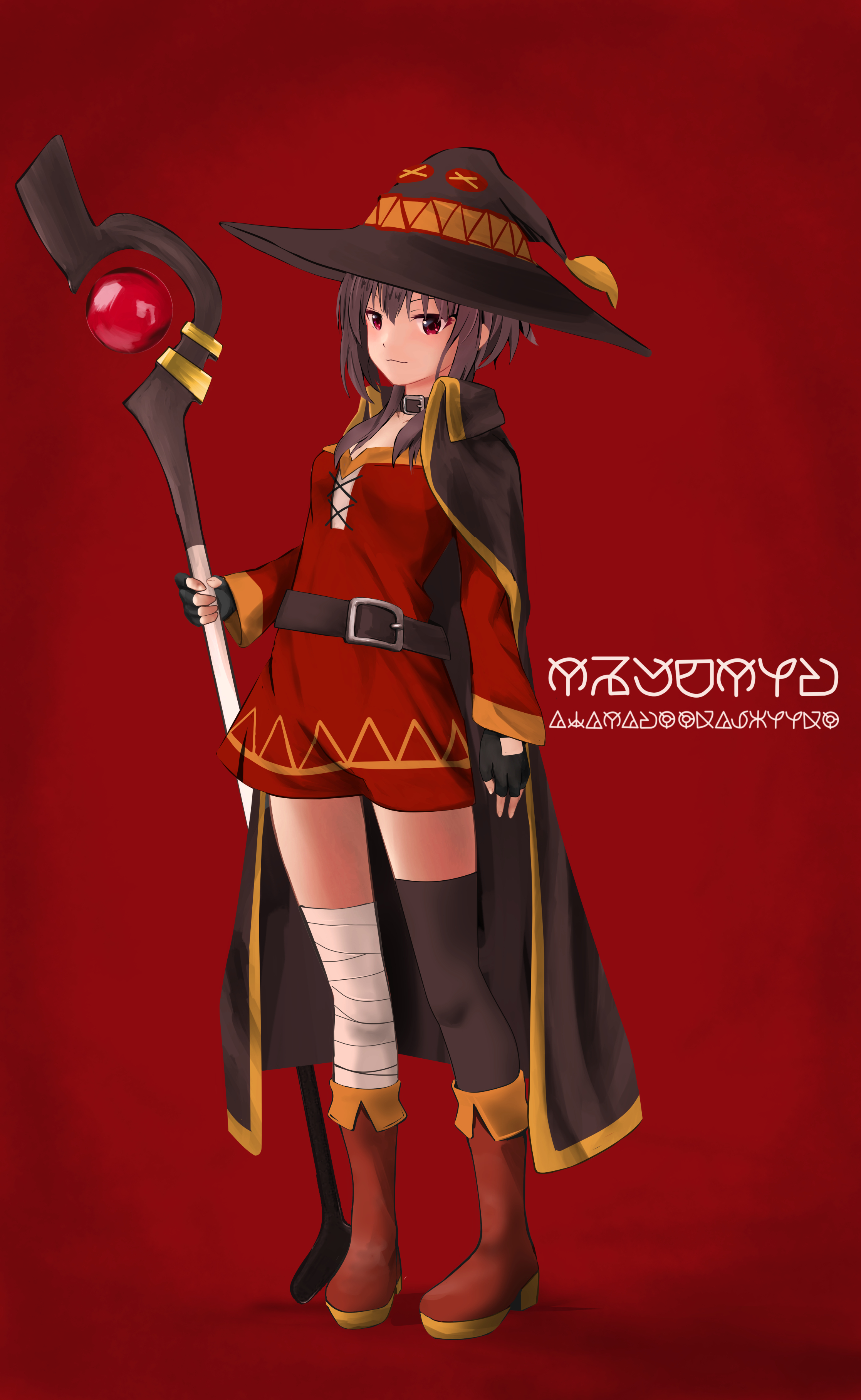 gibun (sozoshu), megumin, kono subarashii sekai ni shukufuku wo!, absurdres, highres, 1girl, asymmetrical legwear, bandaged leg, bandages, belt, belt buckle, black belt, black cape, black gloves, boots, breasts, brown hair, buckle, cape, closed mouth, dress, fingerless gloves, full body, gloves, hat, holding, holding staff, long sleeves, mismatched legwear, red background, red dress, red eyes, short dress, short hair with long locks, simple background, single thighhigh, small breasts, solo, staff, standing, thighhighs, witch, witch hat, zettai ryouiki