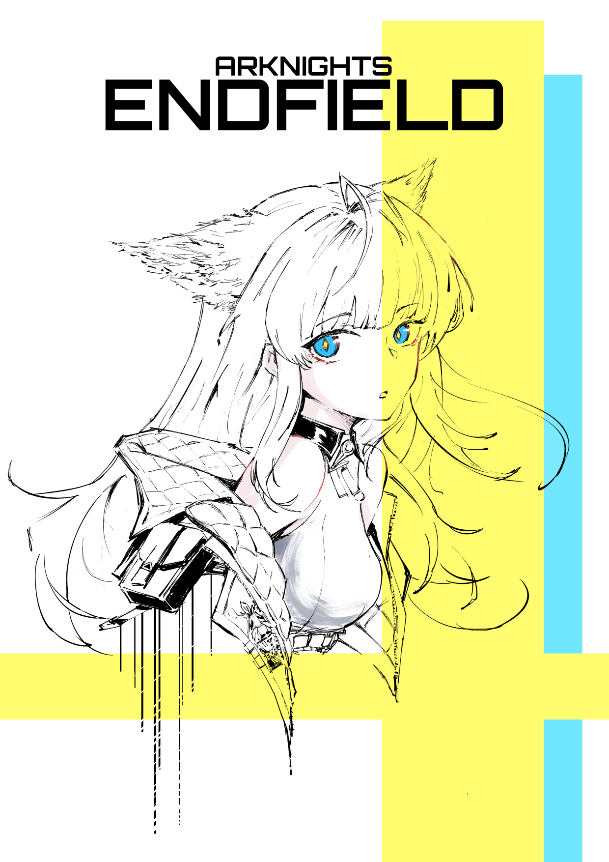 nanbaba, perlica (arknights), arknights, arknights: endfield, highres, 1girl, ahoge, animal ears, bare shoulders, belt, bird ears, blue eyes, breasts, copyright name, cropped torso, diamond-shaped pupils, diamond (shape), high belt, jacket, limited palette, long hair, looking at viewer, medium breasts, off shoulder, padded jacket, parted lips, pouch, solo, symbol-shaped pupils, upper body, white background, yellow pupils