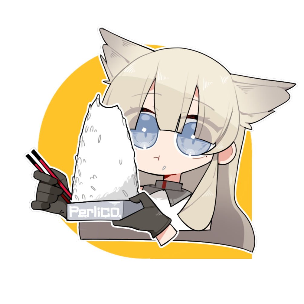 perlica (arknights), arknights, arknights: endfield, commentary request, 1girl, animal ears, bird ears, bird girl, black gloves, blonde hair, blue eyes, chewing, chibi, chopsticks, cropped shoulders, food, food on face, gloves, hair between eyes, long hair, looking at viewer, mngchunzhi58533, outline, rice, simple background, solo, too much food, transparent background, upper body, white outline, yellow background