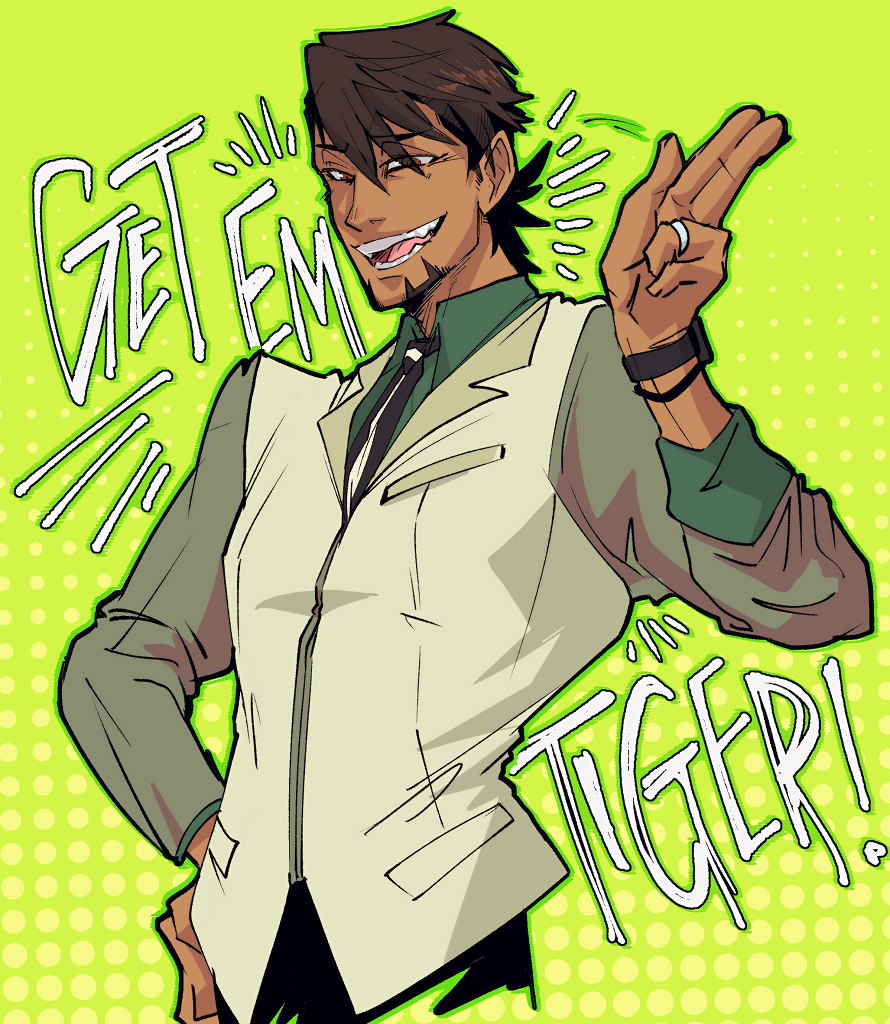 karina farek, kaburagi t. kotetsu, tiger & bunny, 1boy, bracelet, brown hair, facial hair, jewelry, male focus, necktie, short hair, solo, watch, wristwatch