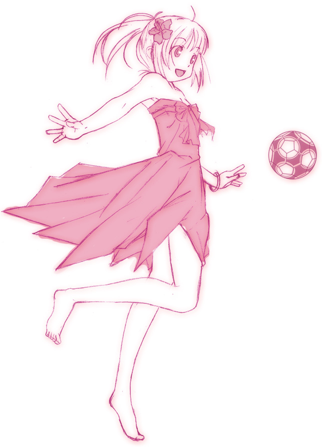 nyazui, sakino asuka, kimi kiss, 1girl, ball, bare shoulders, barefoot, black soccer ball, bracelet, dress, female focus, flower, jewelry, monochrome, playing sports, soccer, soccer ball, solo, strapless, strapless dress, tango (soccer ball)