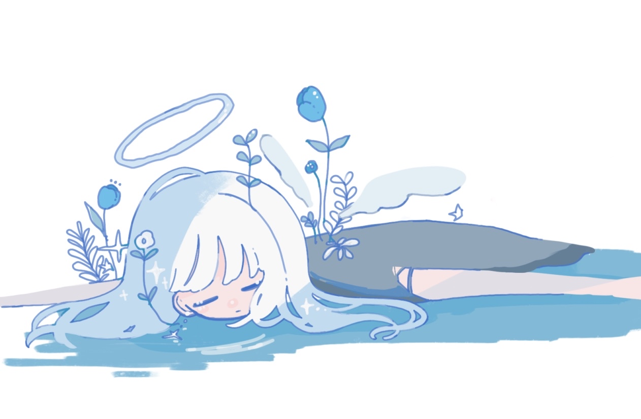 sskitaco, original, 1girl, angel, angel wings, blue theme, closed eyes, closed mouth, flower, halo, long hair, lying, on stomach, plant, plant growth, solo, sparkle, traditional halo, wings