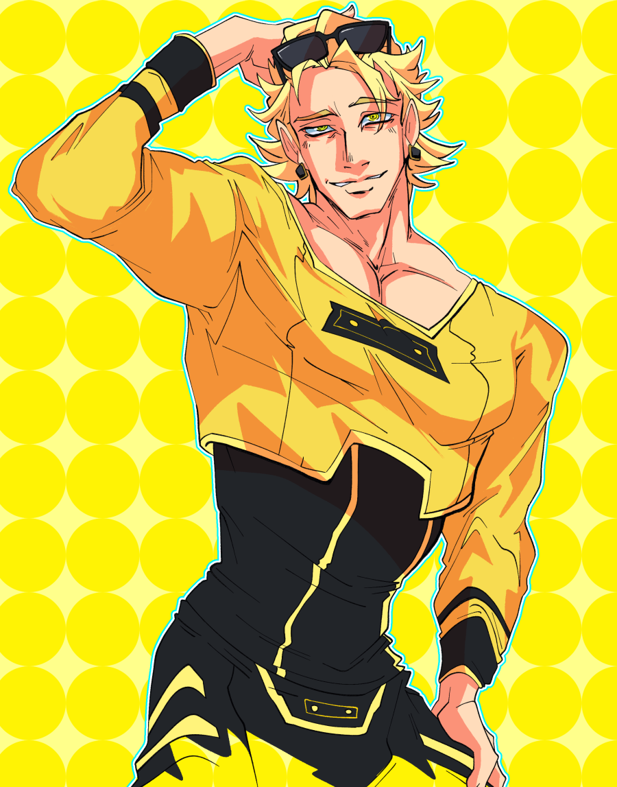 karina farek, ryan goldsmith, tiger & bunny, 1boy, blonde hair, crop top, earrings, eyewear on head, jewelry, long sleeves, male focus, pectoral cleavage, pectorals, smile, solo, sunglasses, yellow eyes