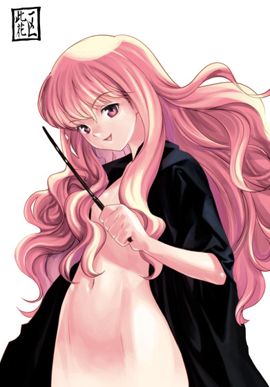 konohana, louise francoise le blanc de la valliere, zero no tsukaima, 00s, bottomless, cape, flat chest, loli, long hair, pink eyes, pink hair, smile, solo, topless female, wand