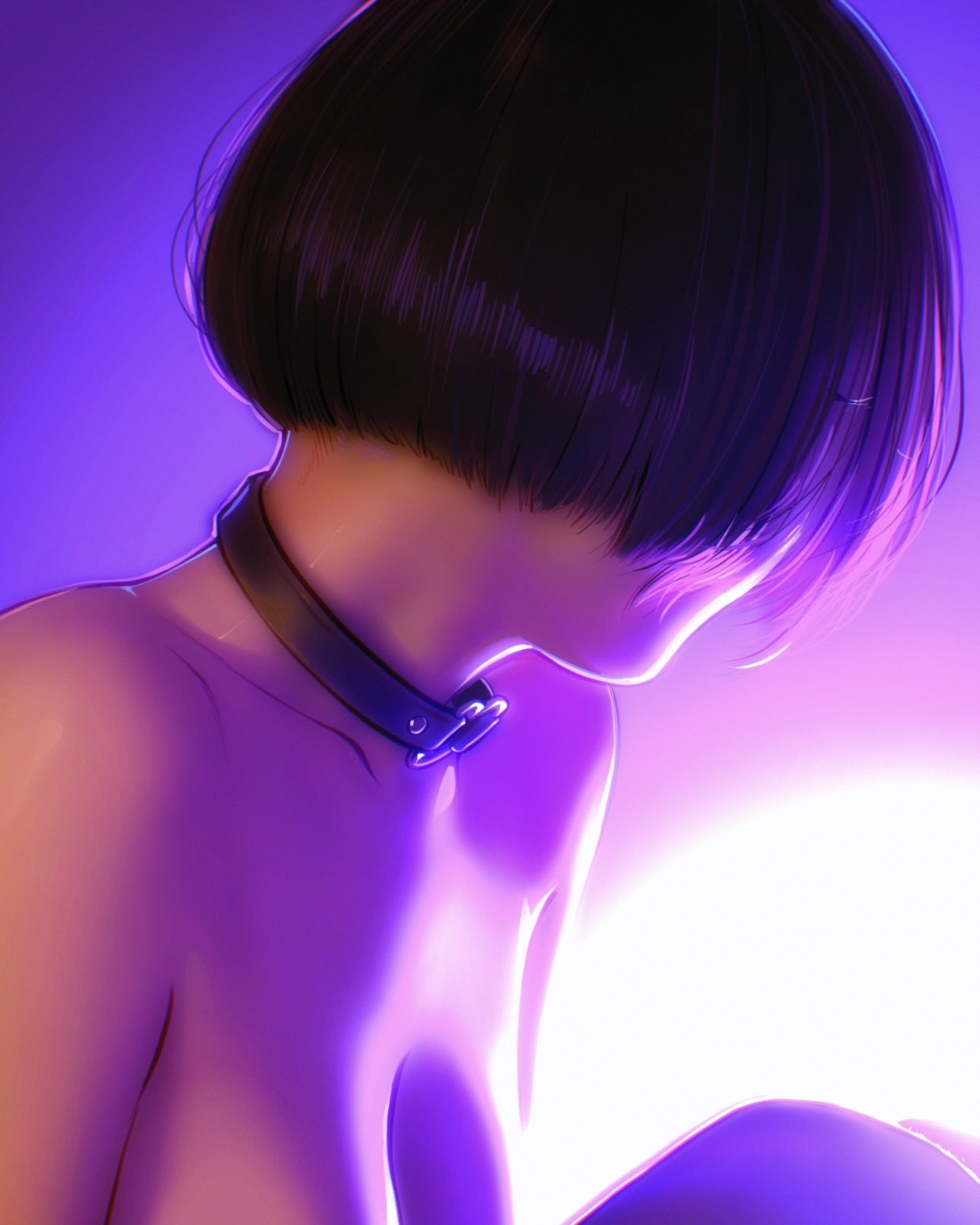 ilya kuvshinov, original, highres, 1girl, black choker, black hair, bob cut, breasts, choker, collarbone, large breasts, purple background, short hair, solo, topless female