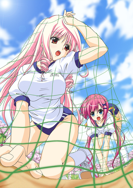 kirisawa tokito, hanasaki akane, shirakawa nanaka, da capo, da capo ii, white legwear, 00s, 2girls, all fours, blue eyes, breasts, brown eyes, buruma, cloud, day, drill hair, entangled, from below, gym uniform, large breasts, long hair, multiple girls, open mouth, outdoors, pink hair, shirt, shoes, short sleeves, sky, sneakers, socks, t-shirt, training, twin drills