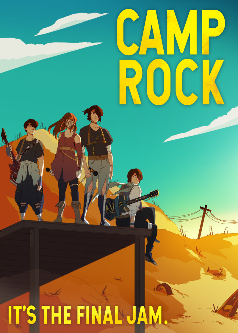 karina farek, mad max, 1girl, 3boys, alternate costume, alternate universe, camp rock, cloud, copyright name, drawfee, full body, guitar, instrument, jason gray, mitchie torres, multiple boys, nate gray, outdoors, shane gray