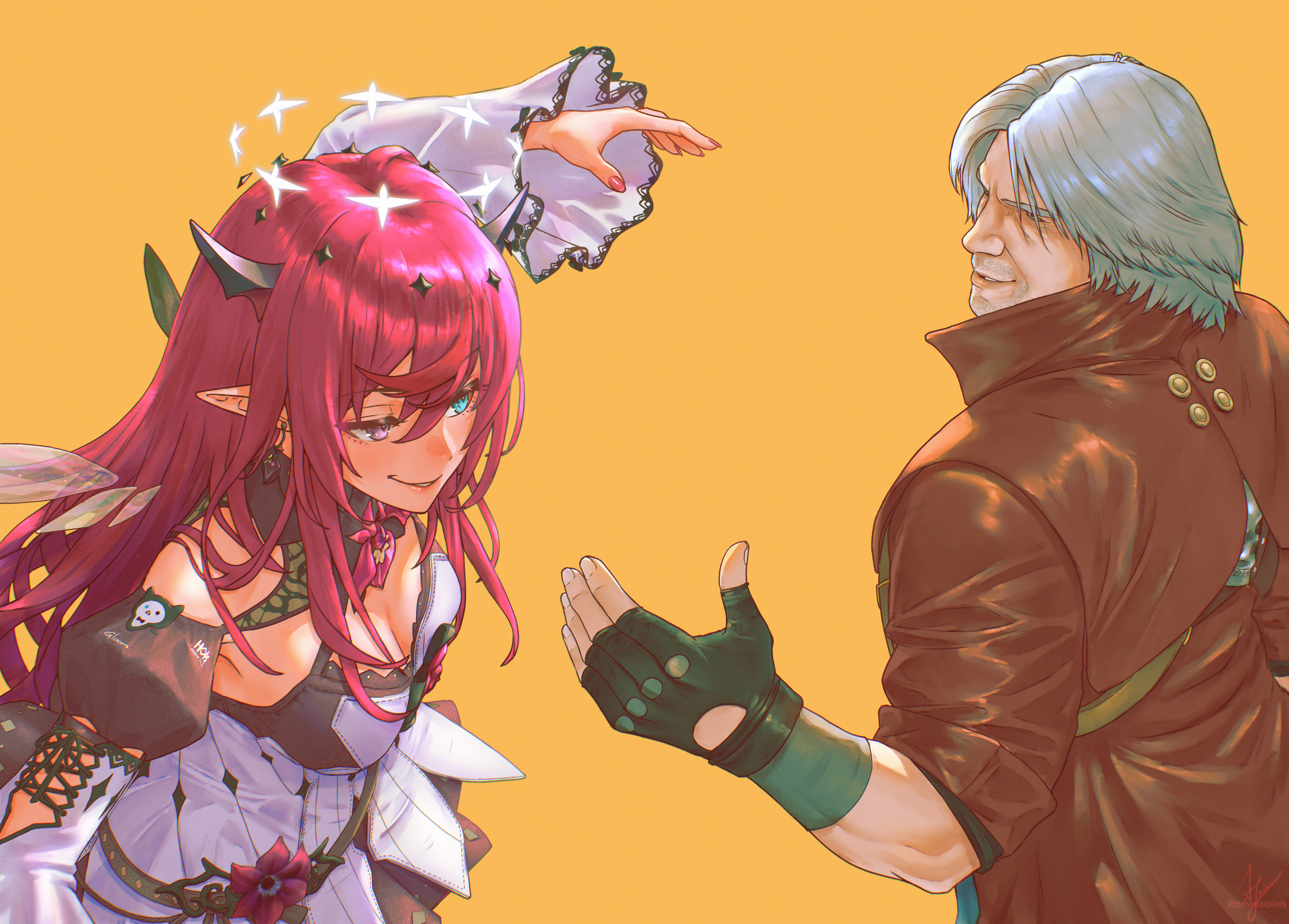 anversailles, dante (devil may cry), irys (hololive), irys (irys 2.0) (hololive), devil may cry (series), devil may cry 5, hololive, hololive english, absurdres, commentary, english commentary, highres, 1boy, 1girl, bare shoulders, black gloves, black horns, black wings, blue eyes, breasts, cleavage, coat, crossover, dress, fingerless gloves, gloves, grey hair, heterochromia, horns, large breasts, long hair, meme request, multicolored hair, pointy ears, purple eyes, purple hair, red coat, red hair, short hair, simple background, two-tone hair, upper body, virtual youtuber, white dress, white wings, wings, yellow background