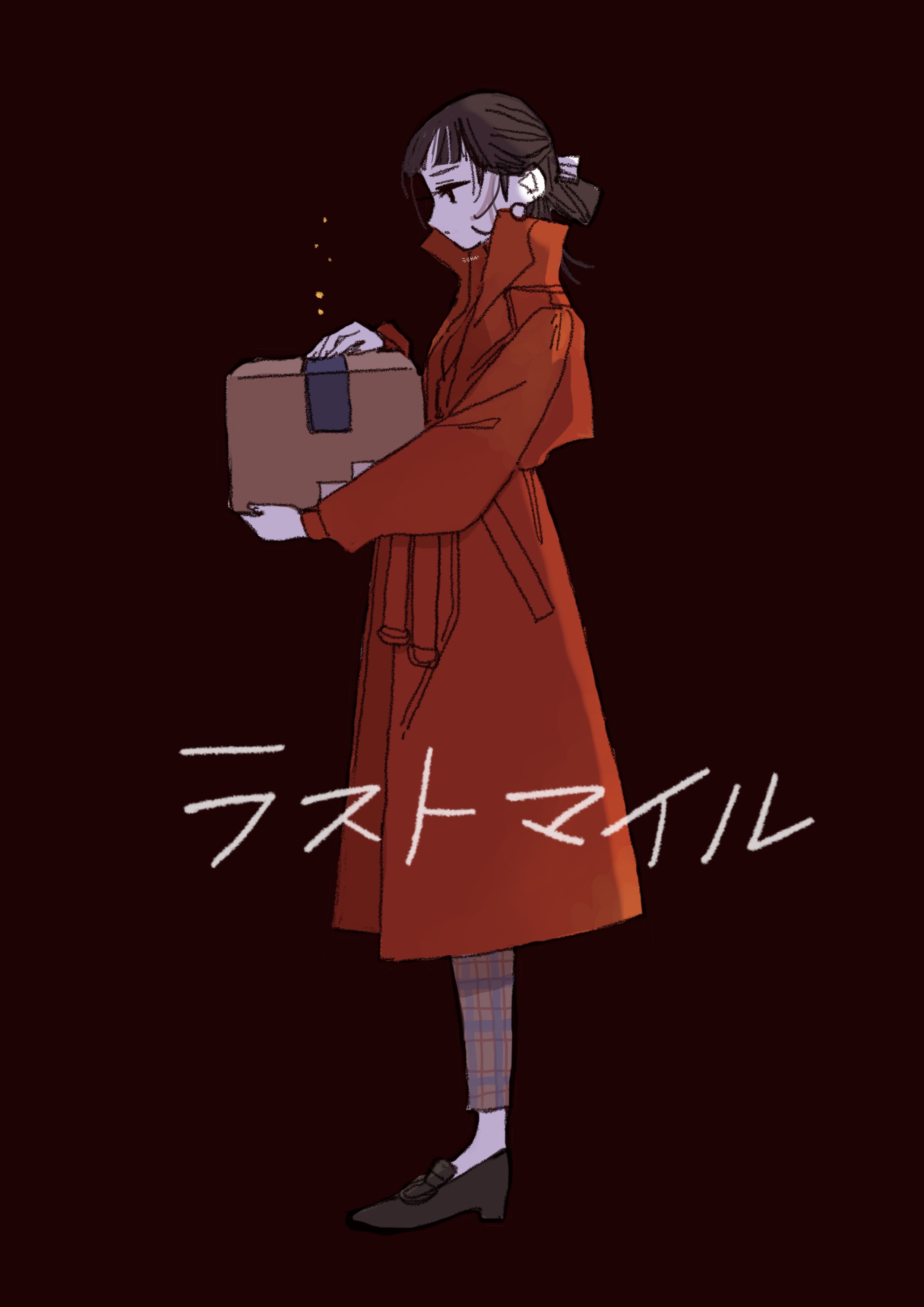 urayaka, absurdres, commentary, commentary request, english commentary, highres, mixed-language commentary, 1girl, black shoes, bow, box, brown hair, brown pants, cardboard box, closed mouth, coat, copyright name, earrings, from side, full body, funado erena, hair bow, hair bun, holding, holding box, jewelry, last mile, light particles, long sleeves, looking down, medium hair, pants, plaid clothes, plaid pants, popped collar, profile, red background, red coat, shoes, simple background, single hair bun, solo, standing, white bow