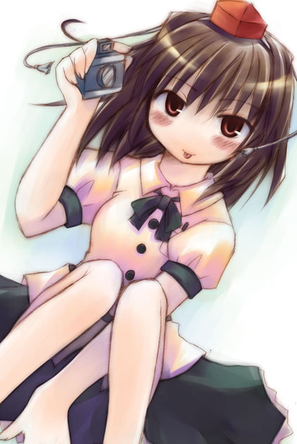 line miyako, shameimaru aya, touhou, 1girl, :p, black hair, blush, camera, female focus, hat, looking at viewer, red eyes, solo, tokin hat, tongue, tongue out