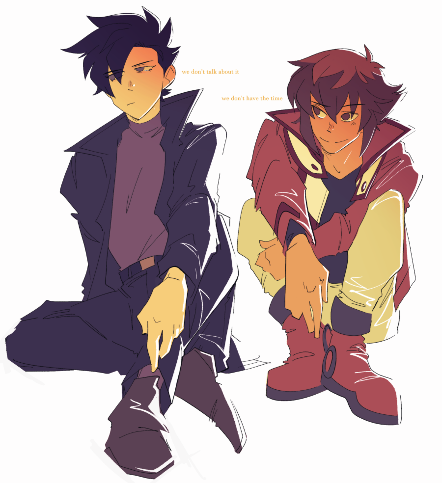 karina farek, manjoume jun, yuki judai, yu-gi-oh!, yu-gi-oh! gx, 2boys, belt, black hair, brown hair, closed mouth, english text, multiple boys, pants, simple background, sitting, smile, white background