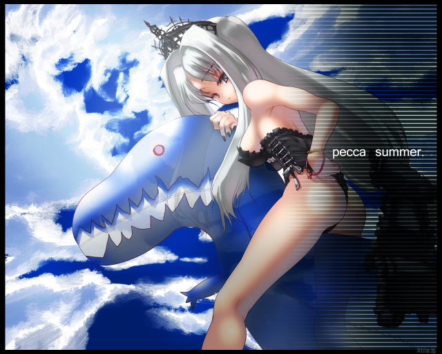 coffee cat, banshee, banshee (mabinogi), mabinogi, 1girl, ass, black nails, breasts, cloud, day, female focus, ghost, large breasts, monster, nail polish, outdoors, red eyes, sharp teeth, sideboob, sitting, sky, solo, teeth