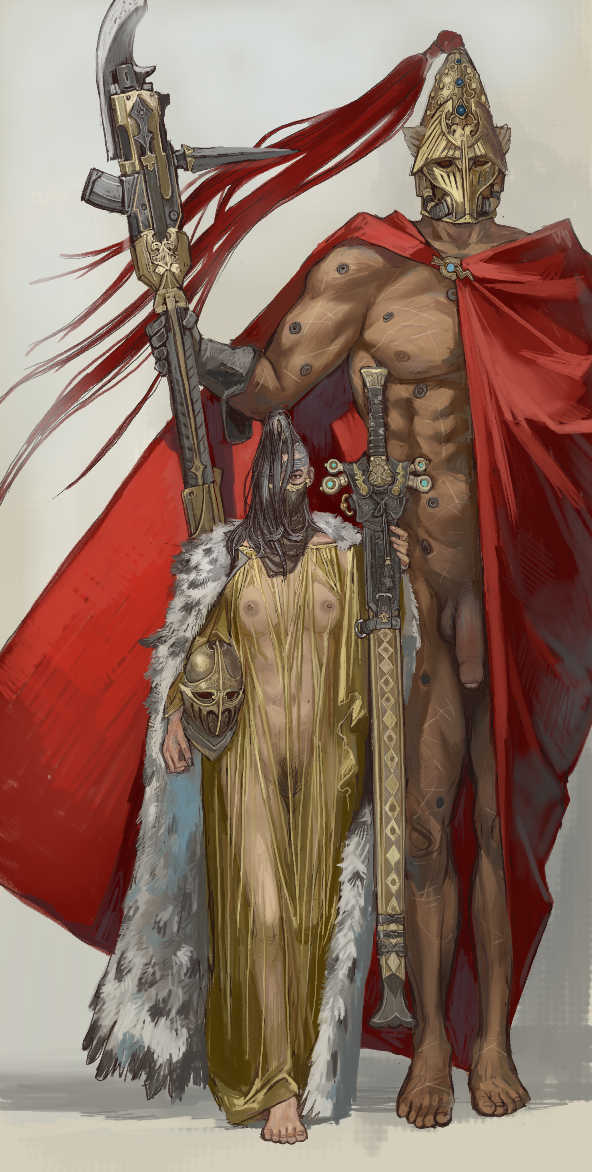 mossacannibalis, adeptus custodes, anathema psykana, warhammer 40k, absurdres, highres, black hair, cloak, dress, feet, female pubic hair, fur cloak, helm, helmet, holding, holding unworn helmet, holding weapon, large penis, long hair, muscular, muscular male, nipples, nude, penis, pubic hair, red cloak, scar, see-through clothes, see-through dress, tall male, unworn headwear, unworn helmet, veil, weapon, white background