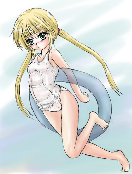 yo-jin, sanzen'in nagi, hayate no gotoku!, 00s, barefoot, feet, flat chest, innertube, one-piece swimsuit, school swimsuit, sketch, solo, swim ring, swimsuit, white one-piece swimsuit, white school swimsuit