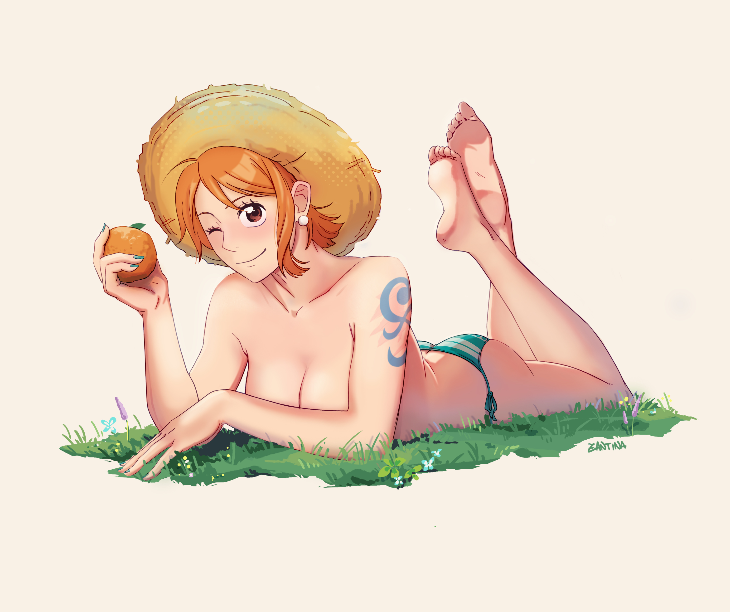 zantinaa, nami (one piece), one piece, absurdres, commentary, english commentary, highres, 1girl, aqua nails, artist name, ass, bare legs, bare shoulders, barefoot, bikini, bikini bottom only, blush, breasts, cleavage, closed mouth, collarbone, earrings, elbow rest, feet, feet up, food, fruit, full body, grass, green bikini, hat, holding, holding food, holding fruit, jewelry, large breasts, lying, mandarin orange, nail polish, on stomach, one eye closed, orange hair, pearl earrings, scar, scar on shoulder, short hair, shoulder tattoo, side-tie bikini bottom, simple background, single sidelock, smile, soles, solo, straw hat, swimsuit, tattoo, topless female