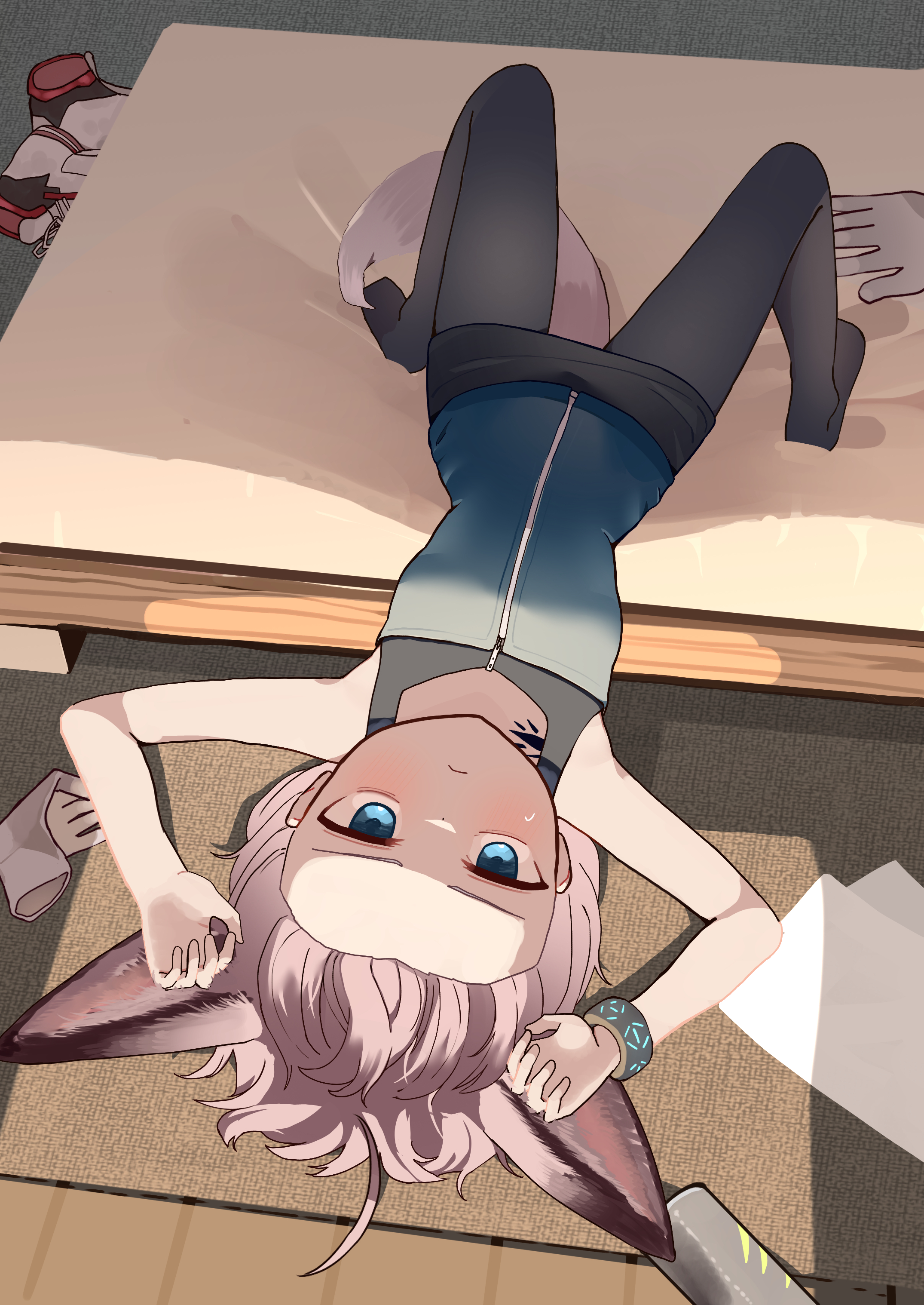 suzubotan, infection monitor (arknights), sussurro (arknights), arknights, absurdres, commentary request, highres, 1girl, animal ear fluff, animal ears, arm up, bed, black pantyhose, blue eyes, bracelet, dot nose, forehead, fox ears, fox girl, from above, full body, gloves, indoors, jewelry, light frown, looking at viewer, material growth, no tail, on bed, oripathy lesion (arknights), pantyhose, pink hair, shoes, solo, tatami, unworn gloves, unworn shoes, upside-down, white gloves, wooden floor, zipper pull tab