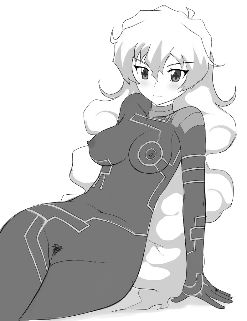 nekomanma (byougatei), antispiral nia, nia teppelin, tengen toppa gurren lagann, + +, 00s, 1girl, blush, bodypaint, bodysuit, breasts, cleft of venus, collarbone, covered erect nipples, dark persona, embarrassed, female focus, female pubic hair, greyscale, impossible bodysuit, impossible clothes, jewelry, long hair, medium breasts, monochrome, navel, nipples, pubic hair, pussy, ring, simple background, solo, symbol-shaped pupils, uncensored, very long hair