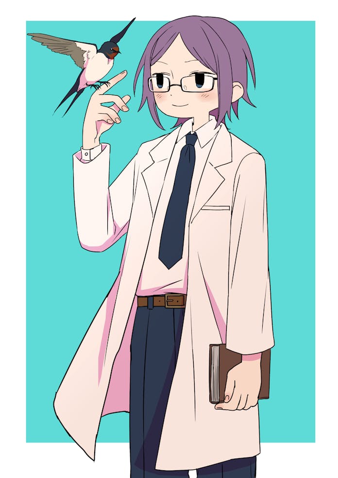 ikuta semi, original, belt, bird, blush, closed mouth, lab coat, necktie, pants, purple hair, smile, solo, standing