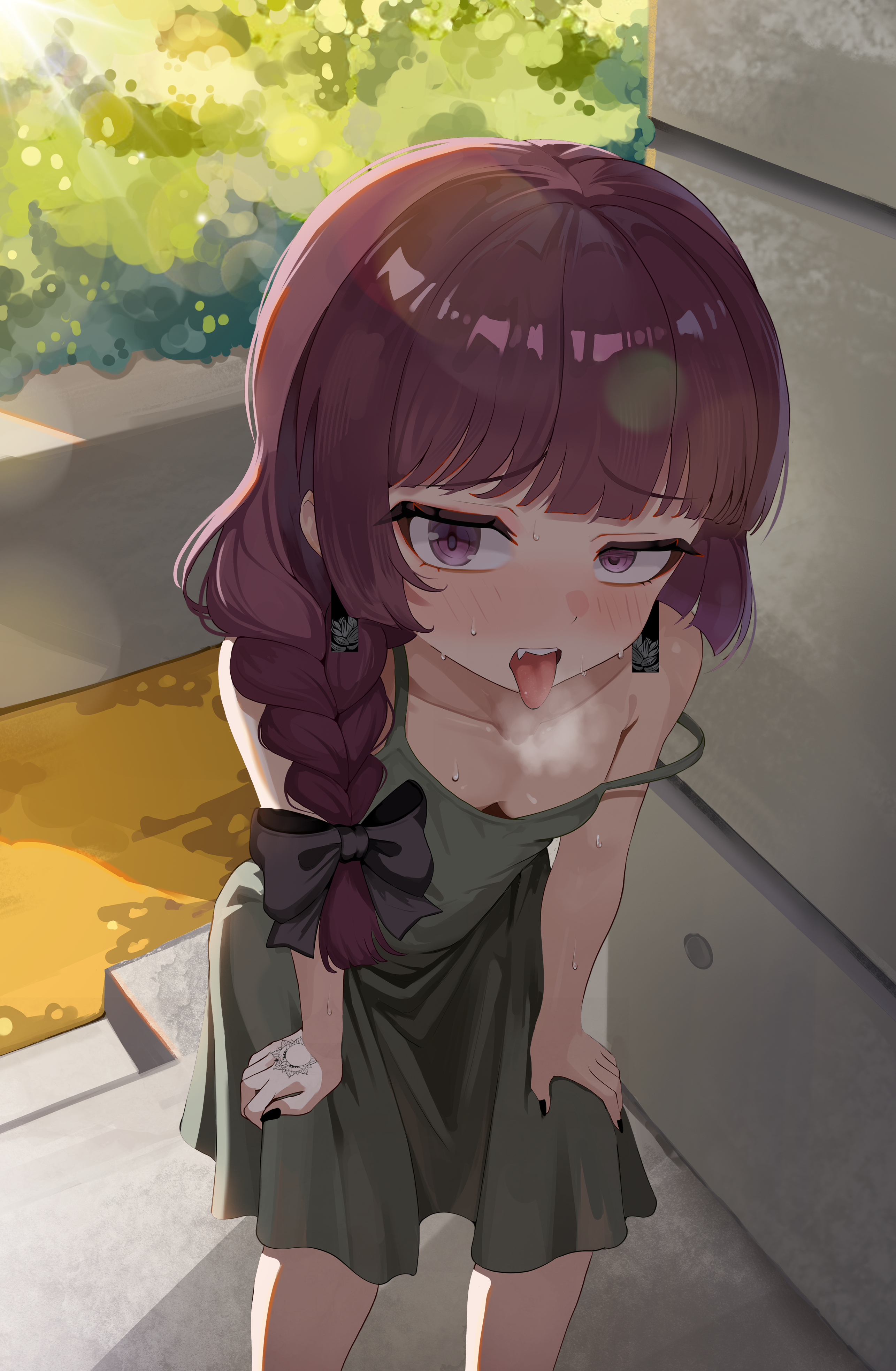 agm, hiroi kikuri, bocchi the rock!, absurdres, commentary, english commentary, highres, 1girl, blunt bangs, blush, braid, breasts, collarbone, downblouse, dress, fangs, green dress, hair over shoulder, hand tattoo, hands on own knees, leaning forward, long hair, looking at viewer, open mouth, purple eyes, purple hair, shadow, side braid, solo, strap slip, sweat, tattoo, tongue, tongue out