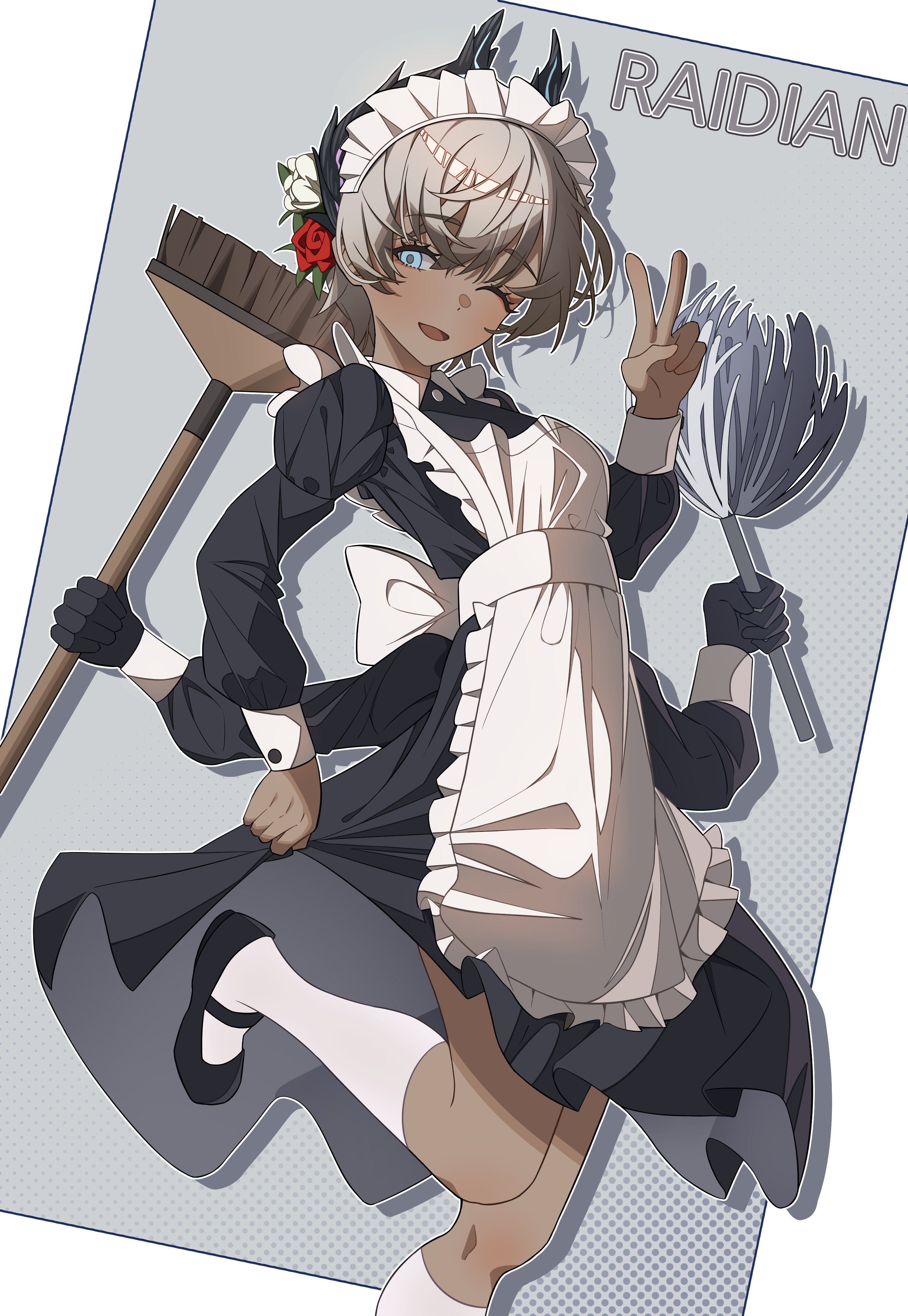 raidian (arknights), arknights, absurdres, commentary request, highres, 1girl, alternate costume, apron, bird girl, black dress, black feathers, black gloves, black shoes, blue eyes, blush, broom, character name, dark-skinned female, dark skin, dress, duster, enmaided, extra arms, feather duster, feathers, flower, frilled apron, frills, gloves, grey hair, hair flower, hair ornament, head wings, holding, holding broom, holding duster, maid, maid headdress, mary janes, one eye closed, open mouth, selene (yechan1245), shoes, short hair, smile, socks, solo, unusually open eyes, v, white apron, white background, white socks, wings