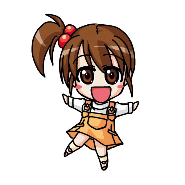 raamen, kyon no imouto, suzumiya haruhi no yuuutsu, 00s, 1girl, :d, blush stickers, brown eyes, brown hair, chibi, dress, female focus, full body, hair bobbles, hair ornament, kneehighs, long sleeves, looking at viewer, one side up, open mouth, orange dress, outstretched arms, pinafore dress, pocket, ponytail, short hair, side ponytail, simple background, sleeveless, sleeveless dress, smile, socks, solo, sweater, white background, white sweater, yellow socks