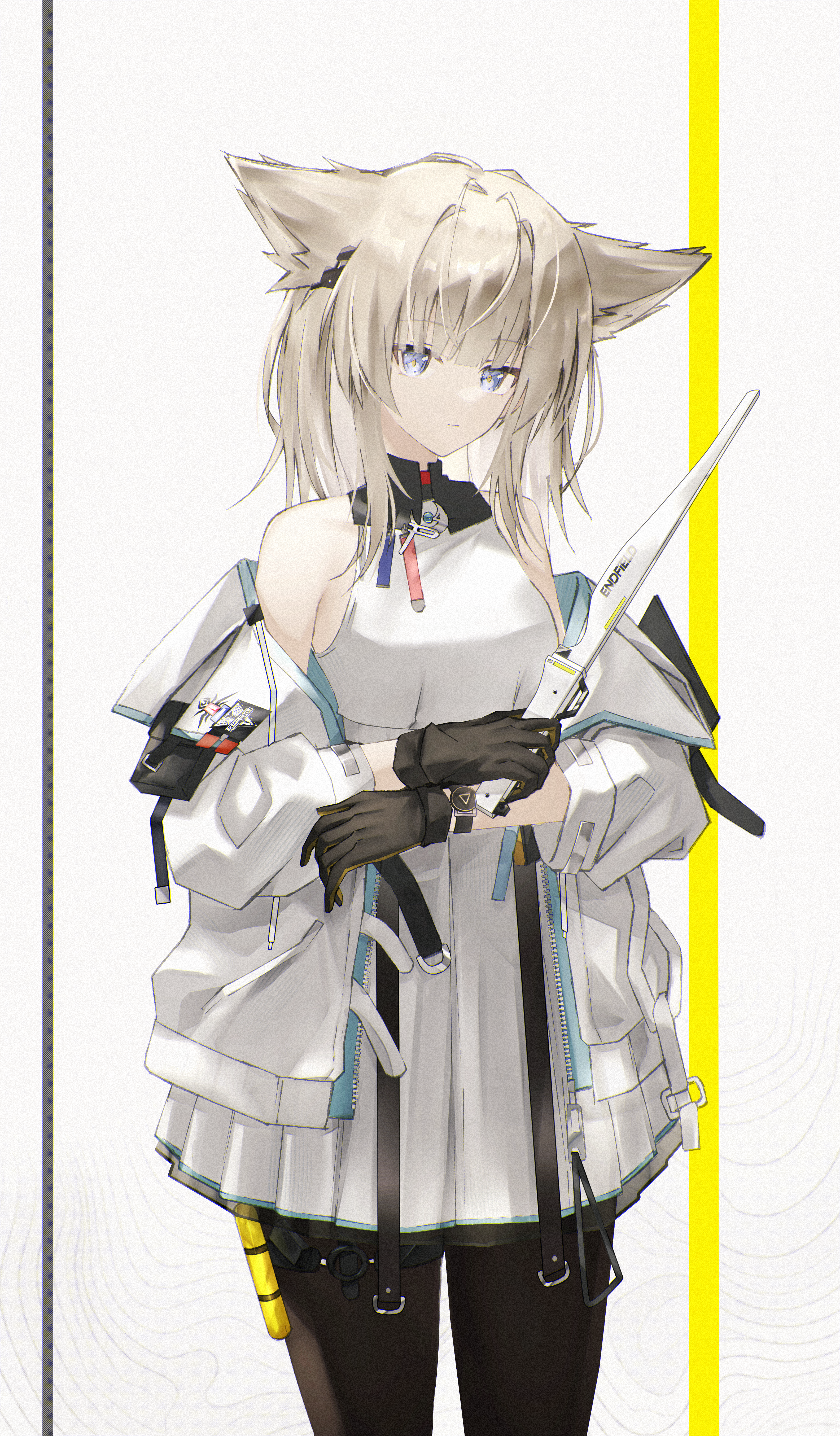 nash11, perlica (arknights), arknights, arknights: endfield, absurdres, highres, 1girl, :|, animal ears, bare shoulders, belt, bird ears, bird girl, black collar, black gloves, black pantyhose, blonde hair, blue eyes, chromatic aberration, closed mouth, coat, collar, copyright name, cowboy shot, crossed arms, dress, elevation contour lines, endfield industries logo, expressionless, film grain, gloves, grey background, high belt, holding, holding weapon, long hair, looking at viewer, no nose, off shoulder, pantyhose, pouch, solo, unzipped, watch, weapon, white background, white coat, white dress, wispy bangs, wristwatch, yellow pupils