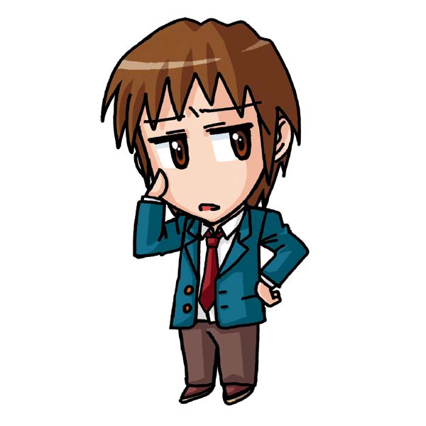 raamen, kyon, suzumiya haruhi no yuuutsu, 00s, 1boy, brown eyes, brown hair, brown pants, buttons, chibi, collared shirt, expressionless, full body, hand on own face, jacket, jitome, long sleeves, looking at viewer, male focus, necktie, open clothes, open jacket, pants, parted lips, red necktie, school uniform, shirt, solo, standing, unbuttoned, white shirt, wing collar