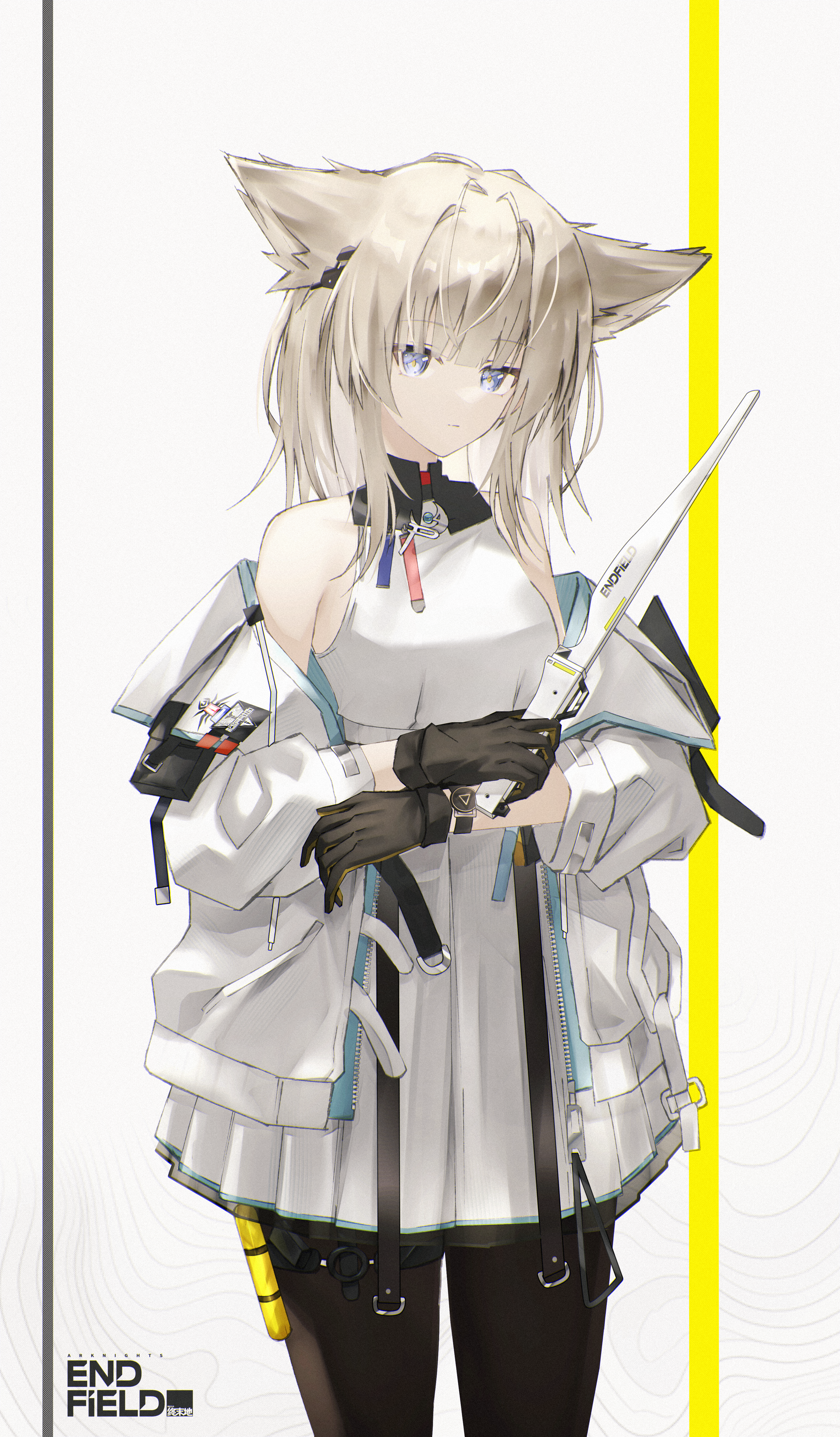 nash11, perlica (arknights), arknights, arknights: endfield, absurdres, highres, 1girl, :|, animal ears, bare shoulders, belt, bird ears, bird girl, black collar, black gloves, black pantyhose, blonde hair, blue eyes, chromatic aberration, closed mouth, coat, collar, copyright name, cowboy shot, crossed arms, dress, elevation contour lines, endfield industries logo, expressionless, film grain, gloves, grey background, high belt, holding, holding weapon, long hair, looking at viewer, no nose, off shoulder, pantyhose, pouch, solo, unzipped, watch, weapon, white background, white coat, white dress, wispy bangs, wristwatch, yellow pupils
