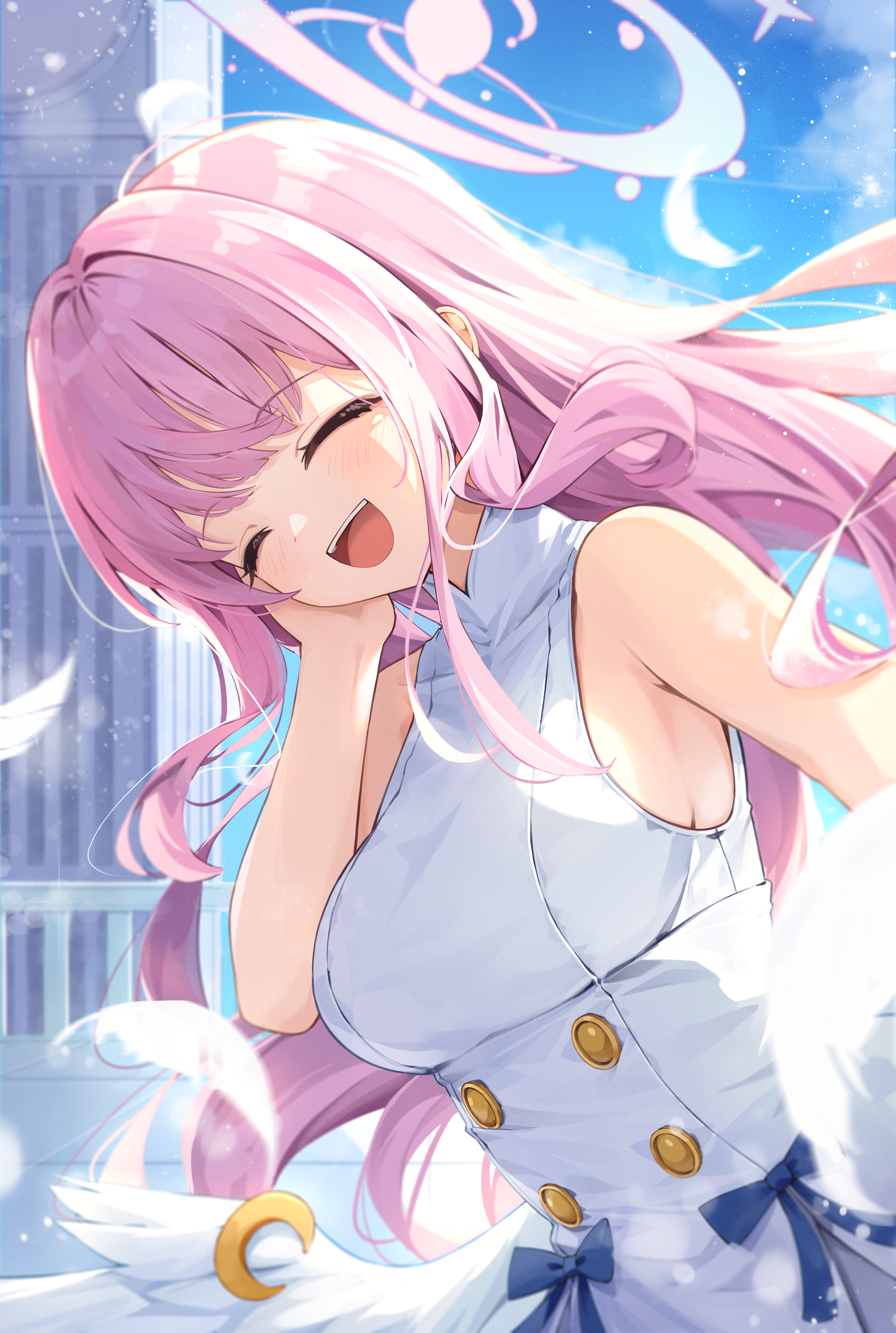 opm7760, mika (blue archive), blue archive, absurdres, highres, 1girl, angel wings, blush, breasts, buttons, closed eyes, double-breasted, dress, falling feathers, feathered wings, feathers, halo, hand on own cheek, hand on own face, large breasts, low wings, open mouth, outdoors, pink hair, pink halo, sleeveless, sleeveless dress, smile, solo, white dress, white wings, wing ornament, wings