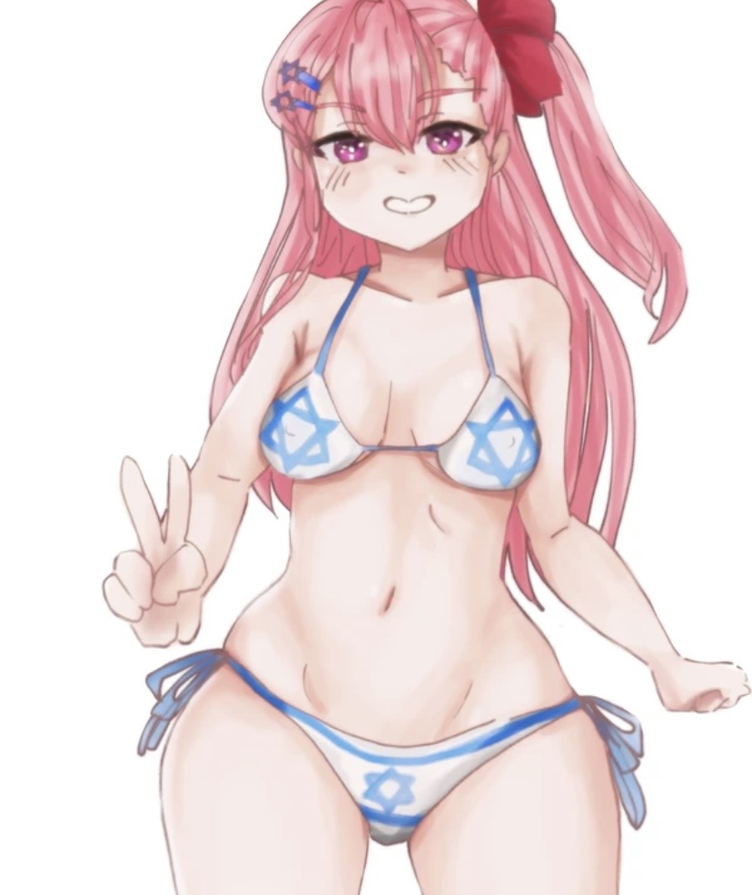 negev (girls' frontline), non-web source, army, blue eyes, bow, hexagram, israel, israel defense forces, israeli flag, pink hair, ponytail, red bow, star of david, swimsuit