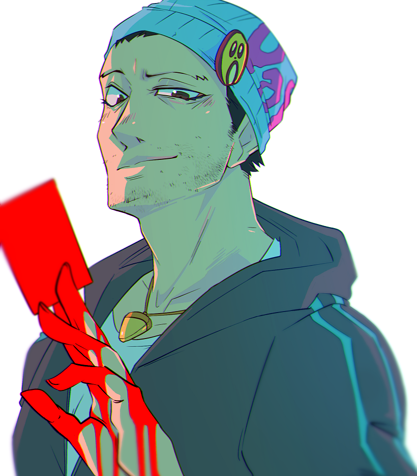 karina farek, phoenix wright, ace attorney, 1boy, beanie, beard stubble, black hair, blood, blood on hands, facial hair, hat, holding, male focus, necktie, shirt, short hair, smile, stubble, white shirt