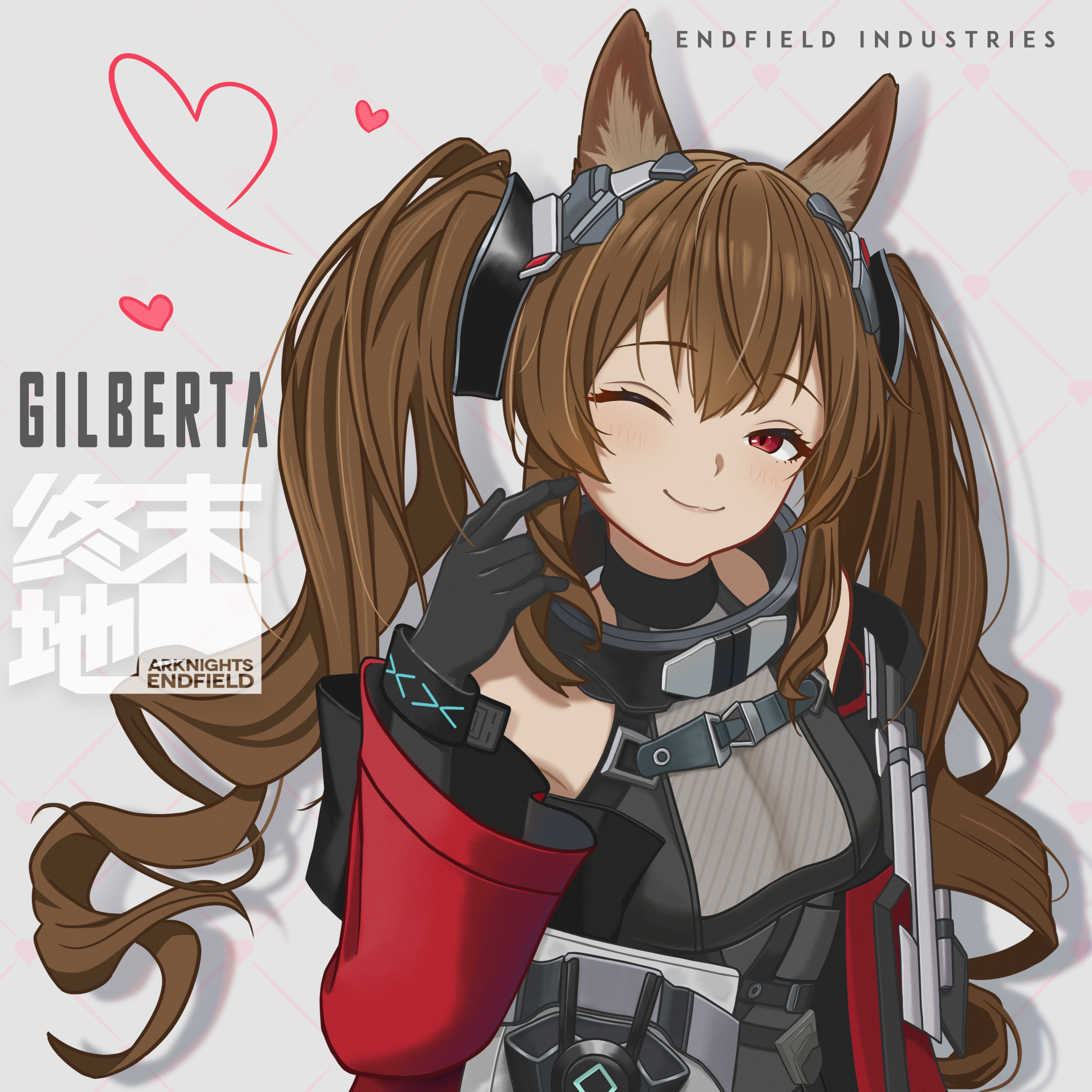 lxkami, angelina (arknights), gilberta (arknights), infection monitor (arknights), arknights, arknights: endfield, absurdres, commentary request, highres, 1girl, :3, animal ears, belt, black choker, black gloves, blush, bracelet, brown hair, character name, choker, coat, copyright name, dress, english text, fox ears, fox girl, gloves, grey background, grey dress, hair between eyes, heart, high belt, high collar, jewelry, long hair, looking at viewer, off shoulder, one eye closed, pointing, pointing at self, red coat, red eyes, solo, twintails, upper body