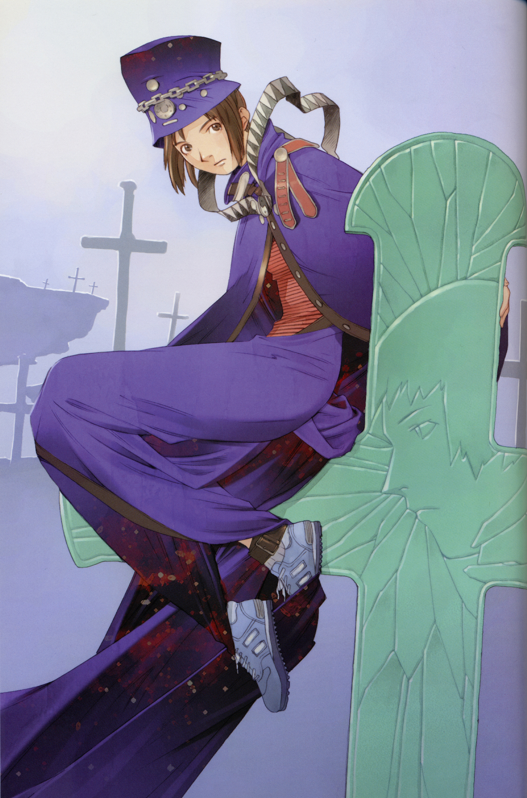 ogata kouji, boogiepop (character), boogiepop, striped, absurdres, highres, official art, scan, 00s, 1girl, androgynous, brown eyes, brown hair, chain, cloak, cross, female focus, hat, latin cross, shoes, sitting, sneakers, solo, strap, yin yang