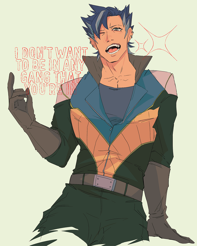 karina farek, yu-gi-oh!, yu-gi-oh! arc-v, 1boy, blue hair, gloves, green eyes, male focus, multicolored hair, open mouth, piercing, shinji weber, solo, teeth, two-tone hair