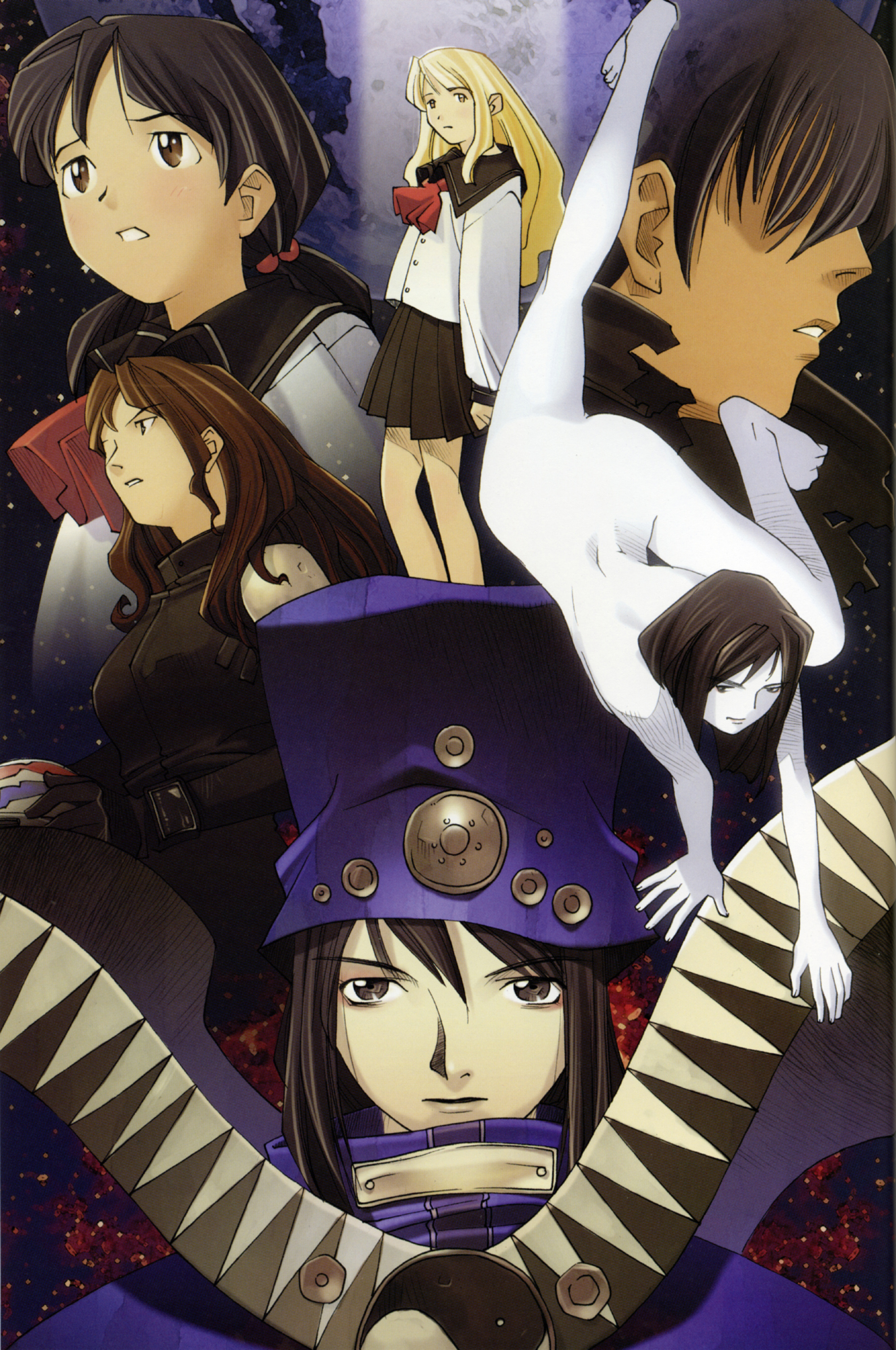 ogata kouji, boogiepop (character), echoes, kamikishiro naoko, kirima nagi, niitoki kei, boogiepop, absurdres, highres, official art, scan, 00s, 1boy, 5girls, barefoot, black hair, blonde hair, brown eyes, brown hair, hat, long hair, manticore, multiple girls, nude, pale skin, pleated skirt, school uniform, serafuku, skirt, twintails, yin yang
