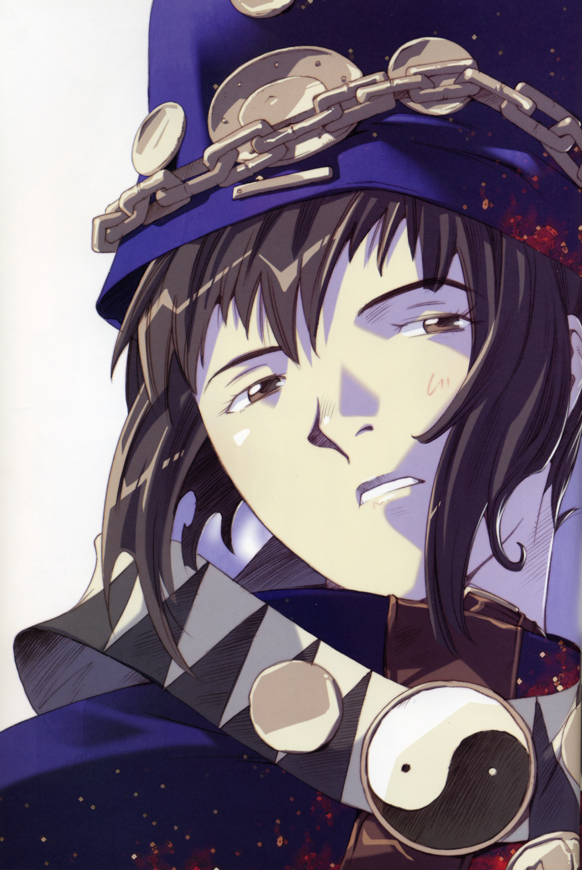 ogata kouji, boogiepop (character), boogiepop, absurdres, highres, official art, scan, 00s, 1girl, androgynous, blue hat, brown eyes, brown hair, chain, female focus, half-closed eyes, hat, portrait, solo, yin yang