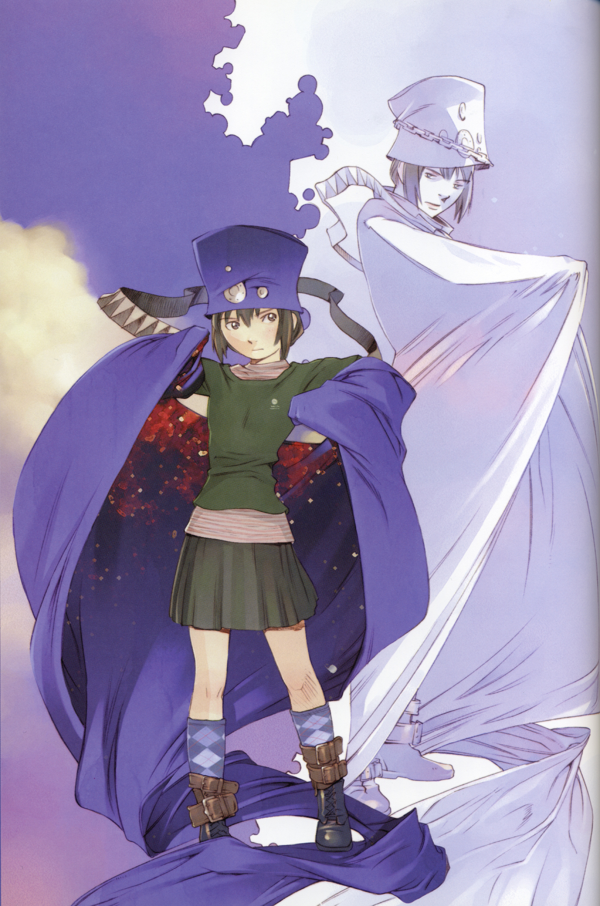 ogata kouji, boogiepop (character), miyashita touka, boogiepop, argyle legwear, absurdres, highres, official art, scan, 00s, 2girls, androgynous, argyle clothes, boots, brown eyes, brown hair, chain, cloak, hat, kneehighs, multiple girls, skirt, socks, yin yang