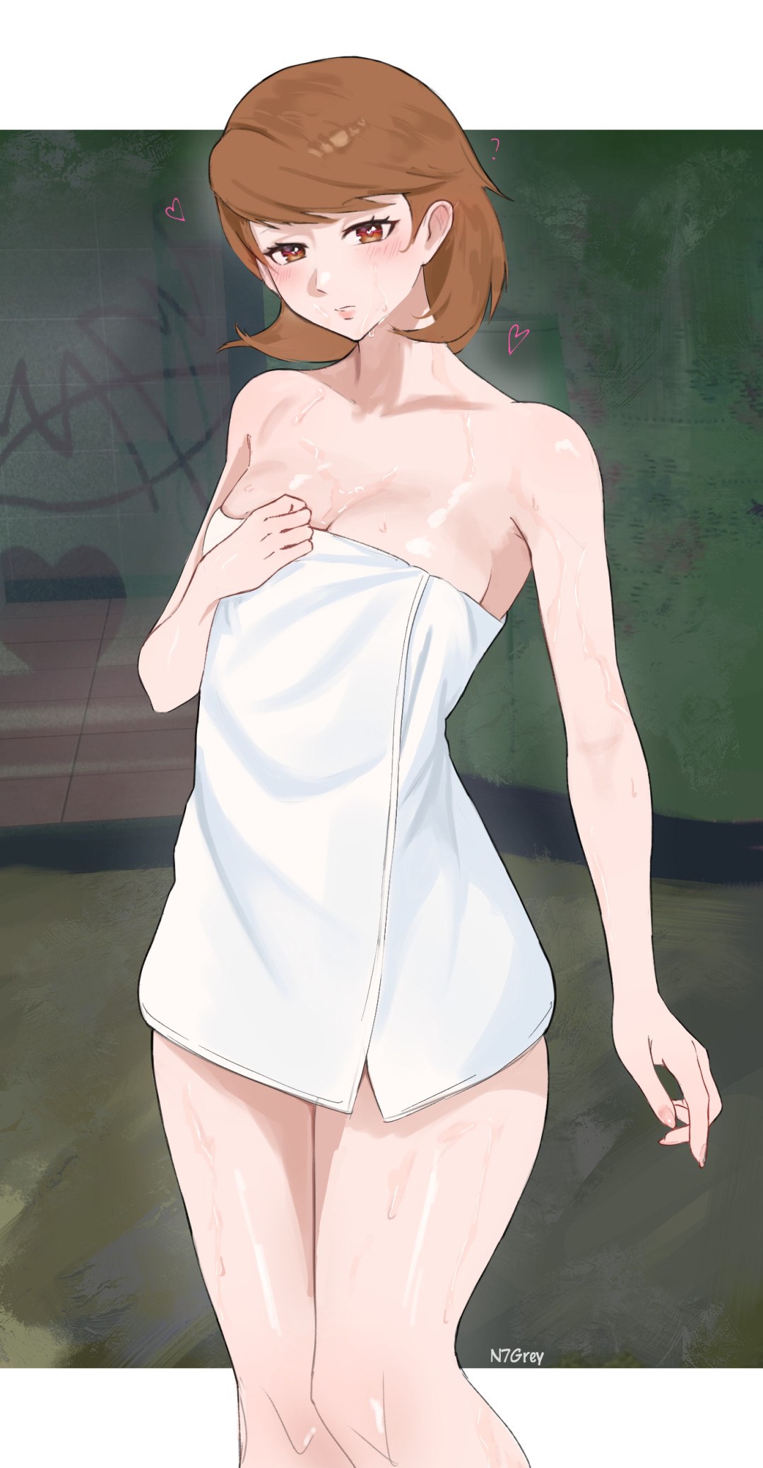 n7grey, takeba yukari, persona, persona 3, highres, 1girl, artist name, bare arms, bare shoulders, blush, border, breasts, brown eyes, brown hair, cleavage, collarbone, feet out of frame, flipped hair, heart, heart-shaped pupils, looking at viewer, medium breasts, naked towel, outside border, parted lips, short hair, solo, standing, symbol-shaped pupils, thighs, towel, wet, white border