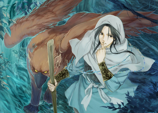 sakaki kuuya, kenrou shinkun, juuni kokuki, 1boy, beak, breasts, brown eyes, cleavage, closed mouth, collarbone, earrings, expressionless, feathers, green hair, holding, jewelry, male focus, monster, robe, running, solo, staff, talons, veil, yellow eyes